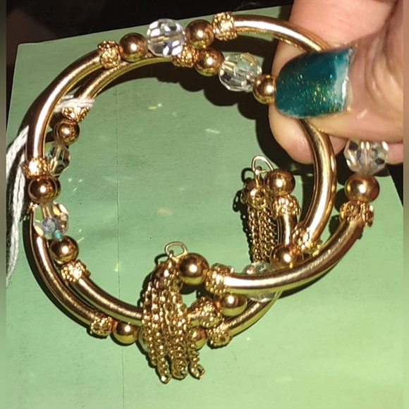 Gold Tassels Wire Wrap Tube Bead Vintage Bangle - Picture 1 of 13